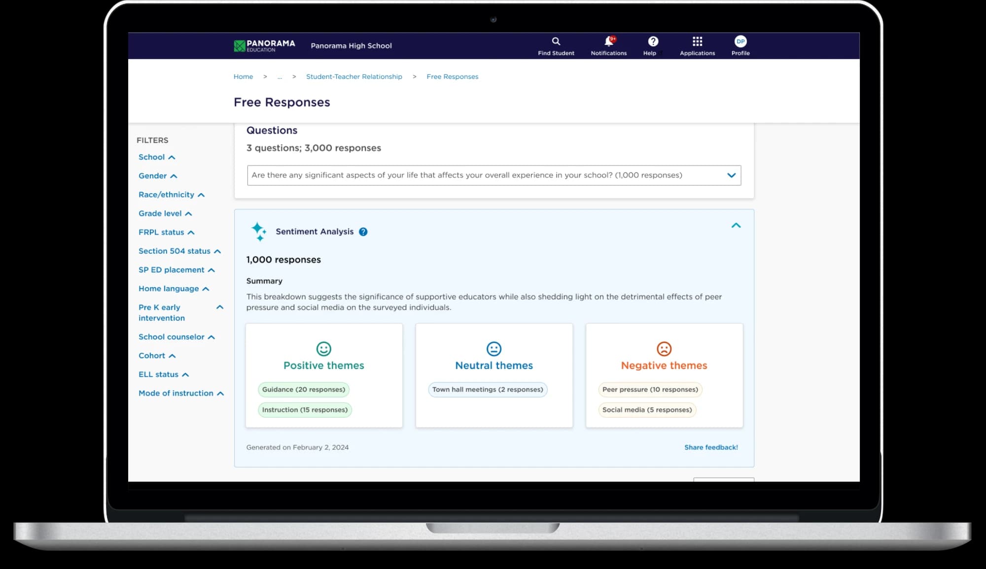 Panorama sentiment analysis summarizing free-response themes on a laptop