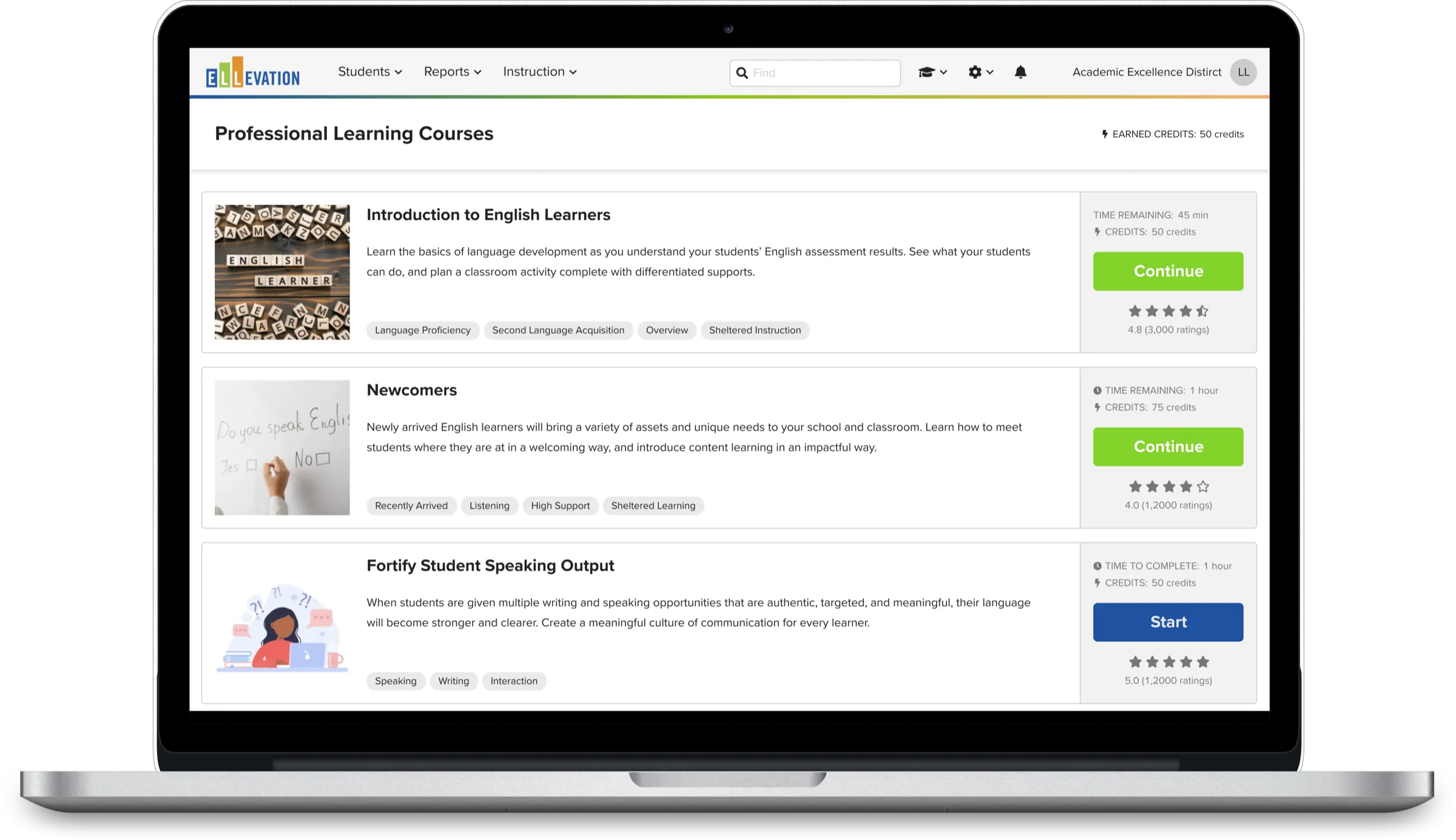 Ellevation Professional Learning shown on a laptop screen
