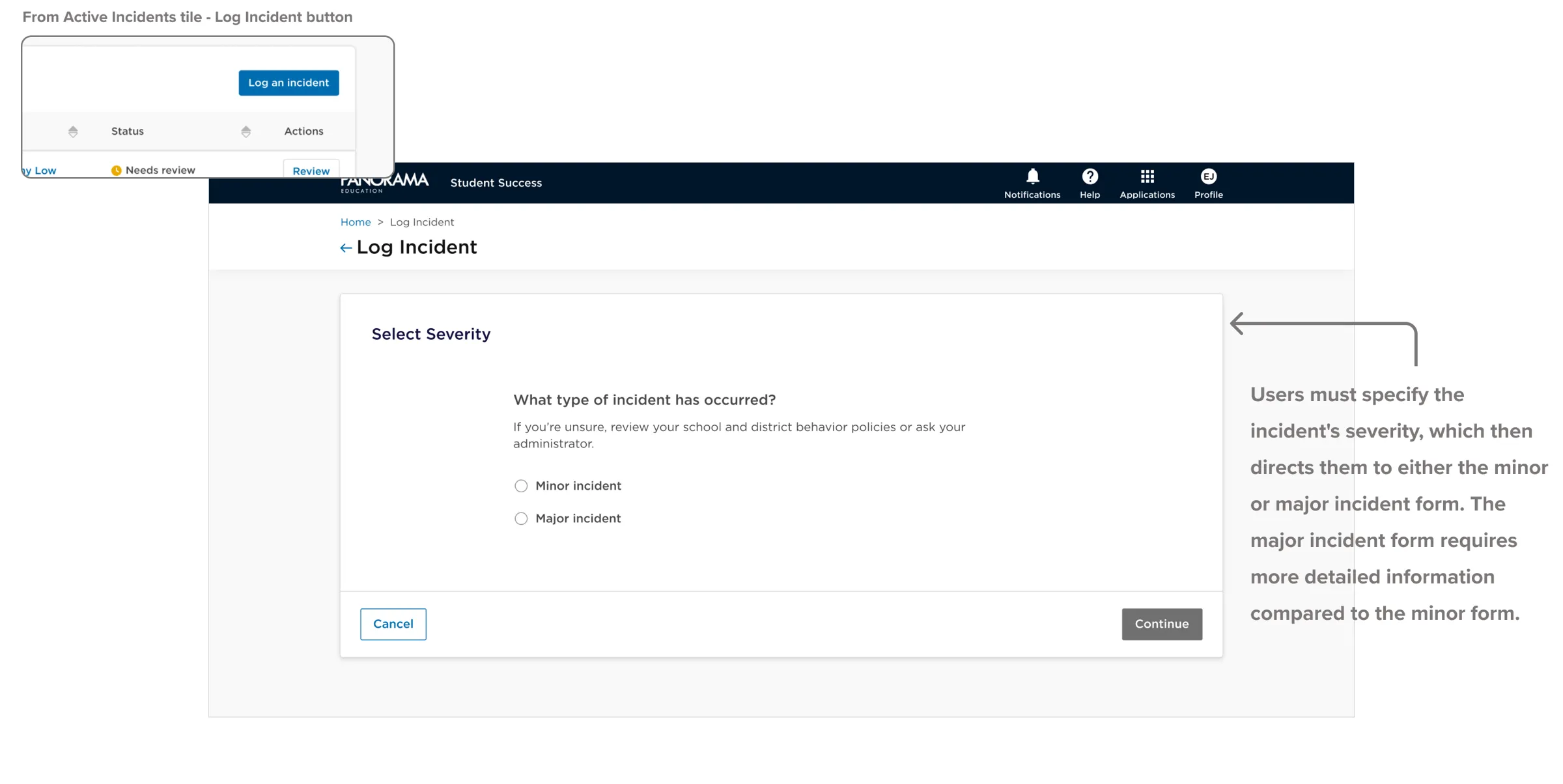 Logging flow step for selecting incident severity