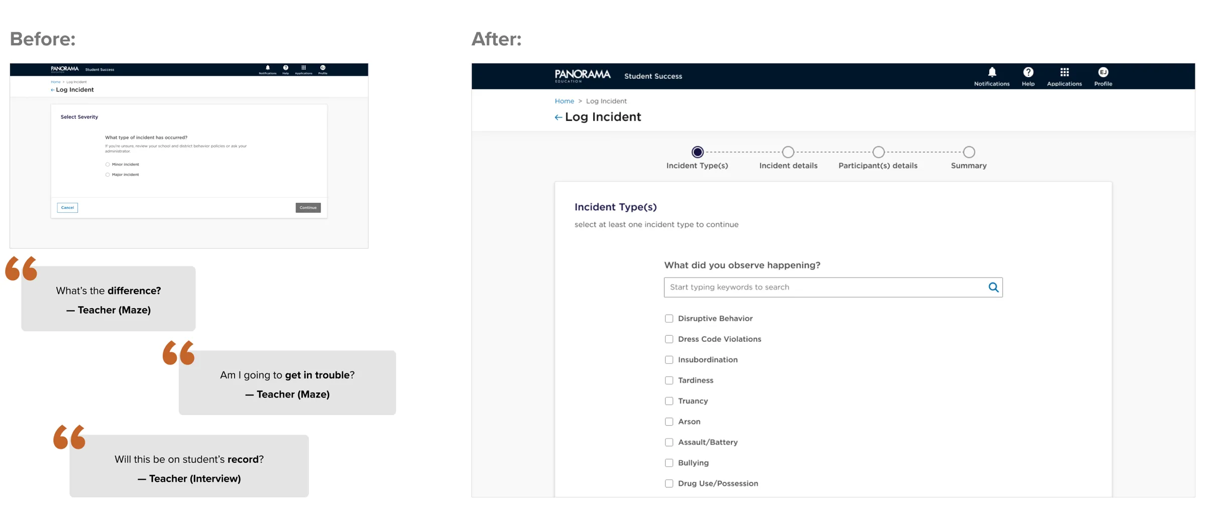 Observed behavior list replacing the severity selection step