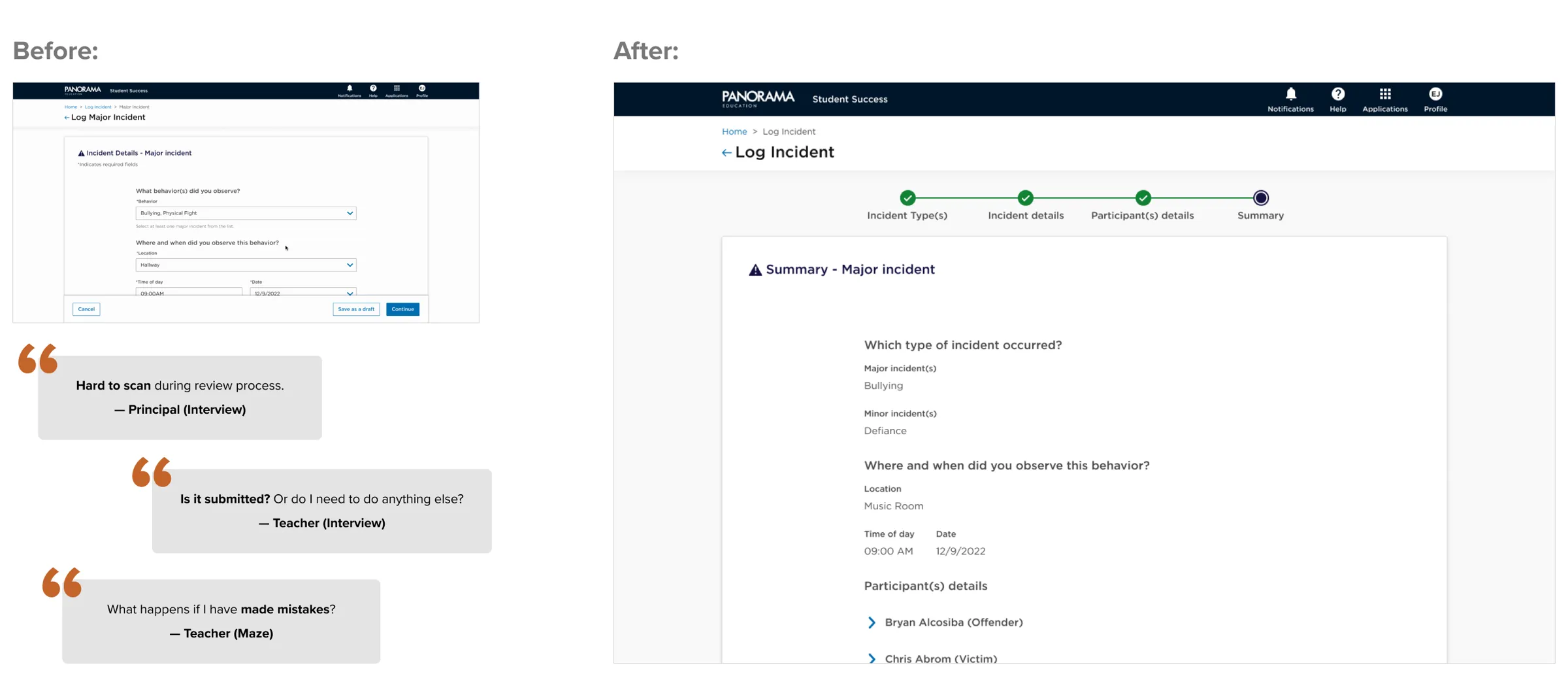Incident summary review page before submission